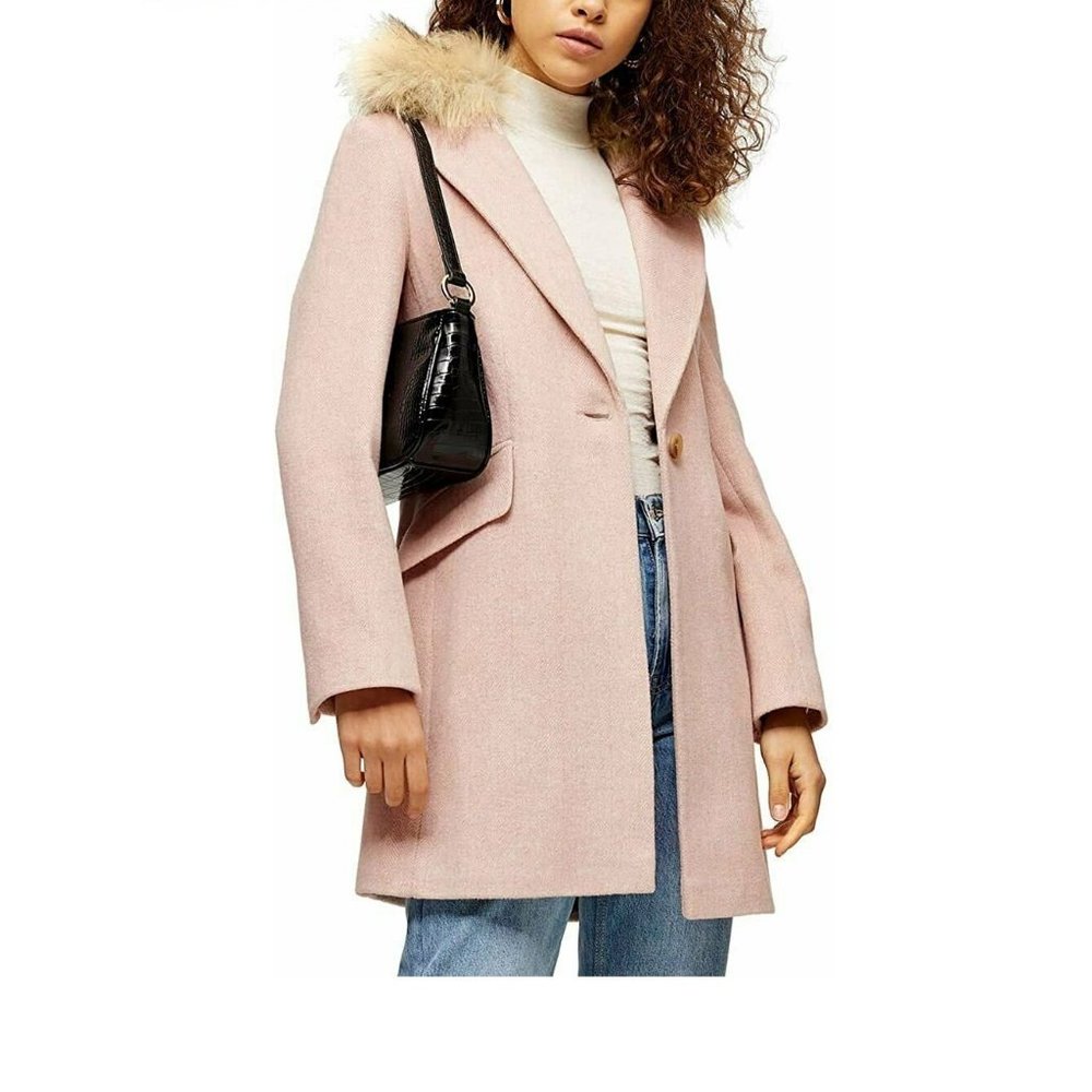 Topshop Women Monica Faux Fur Collar Coat | Size - 6 | Color - Pink